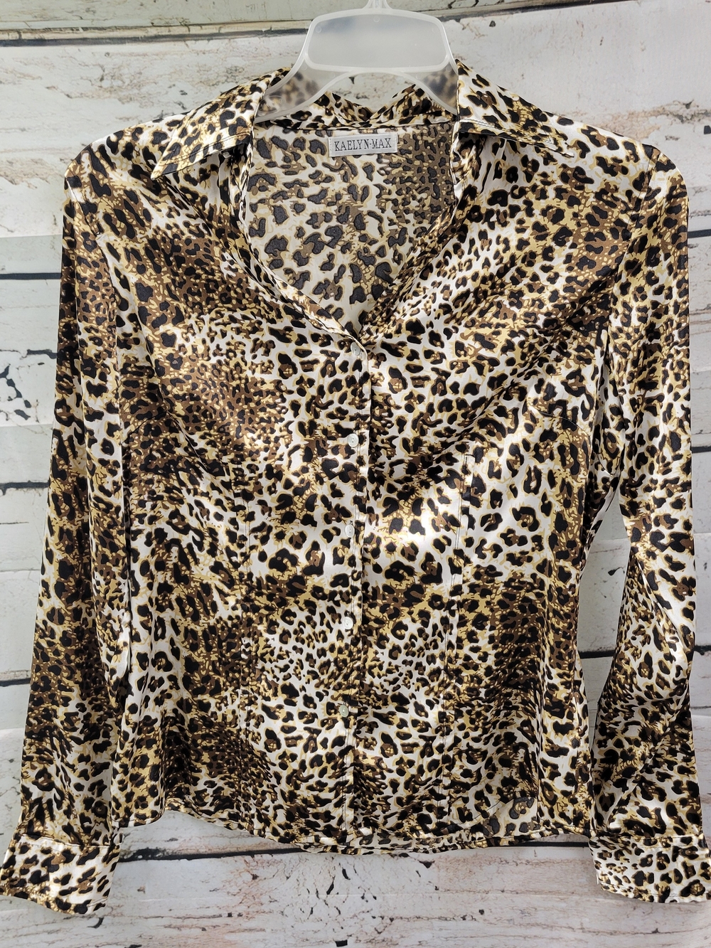 Kaelyn-Max Leopard Print Blouse Size S Satin Animal Print Button Front Y2K